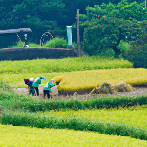 סצנה כפרית שלווה עם חקלאים בעבודה בשדות האורז